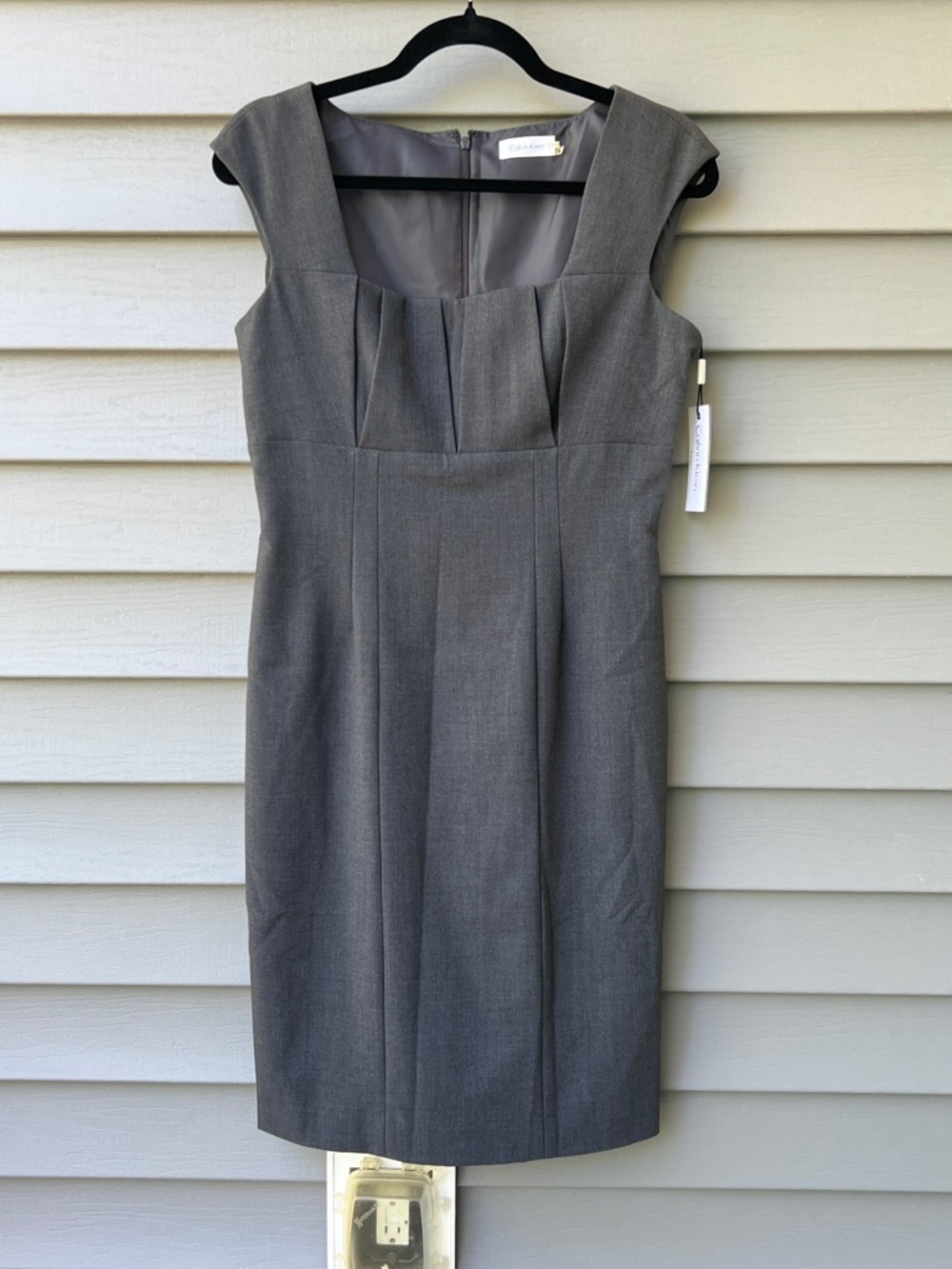 Calvin Klein Sheath Dress Pleated Detail Square Neck Gray Women's 4 Tailored